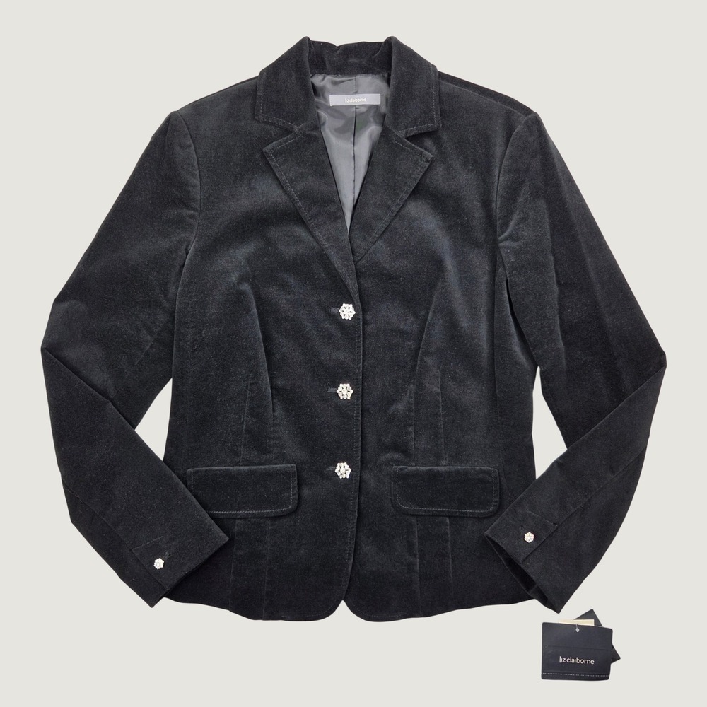 Vintage Liz Claiborne Women 8 Velvet Blazer Black Rhinestone Button Y2K Glam NWT